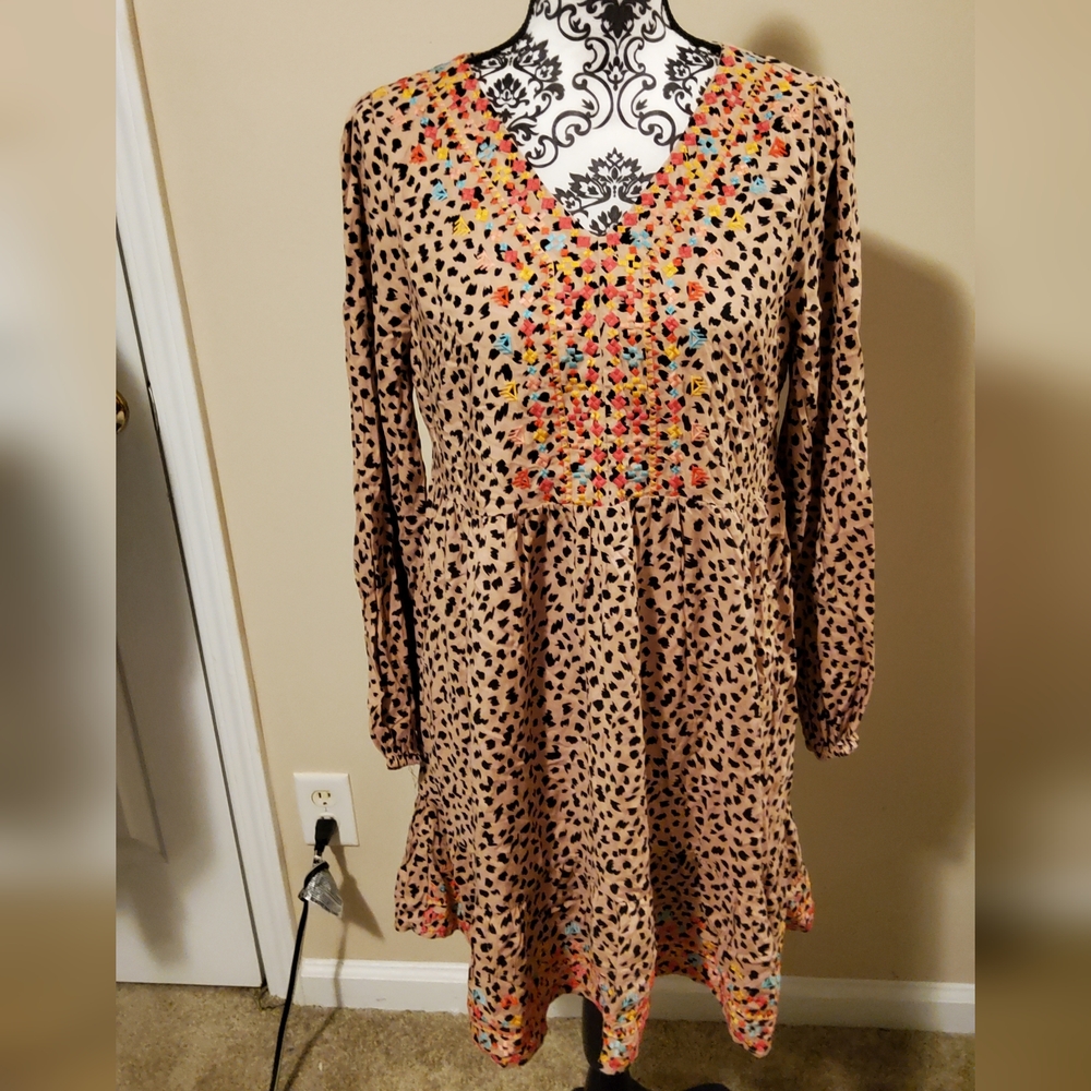 Perfectly Priscilla Leopard Print Embroidered Dress Size Small